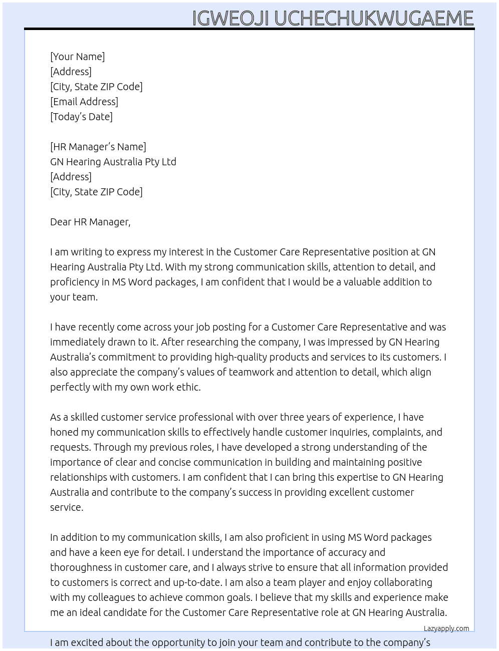 Customer Care representative  At GN Hearing Australia Pty Ltd Cover Letter