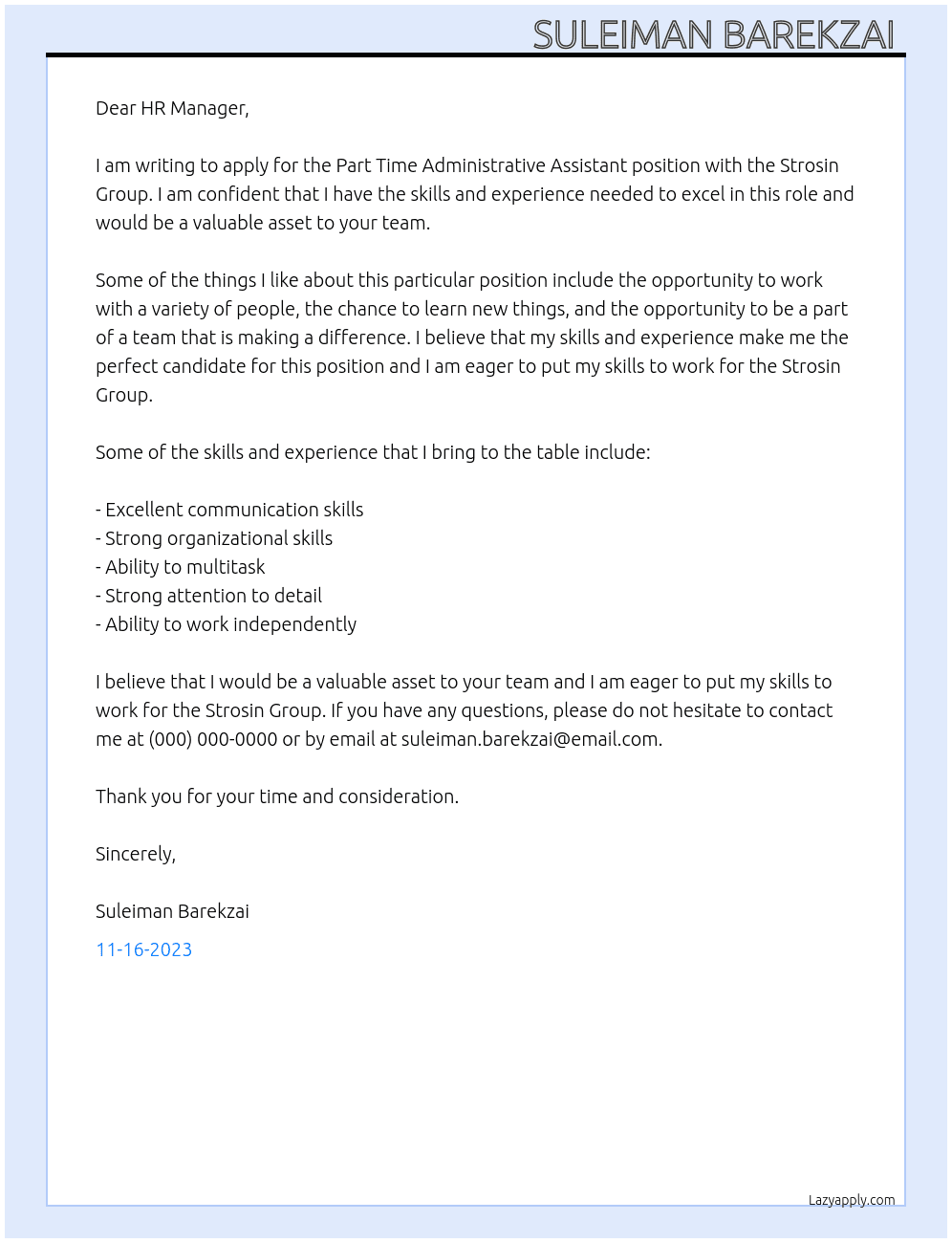 Part Time Administrative Assistant At Strosin Group Cover Letter