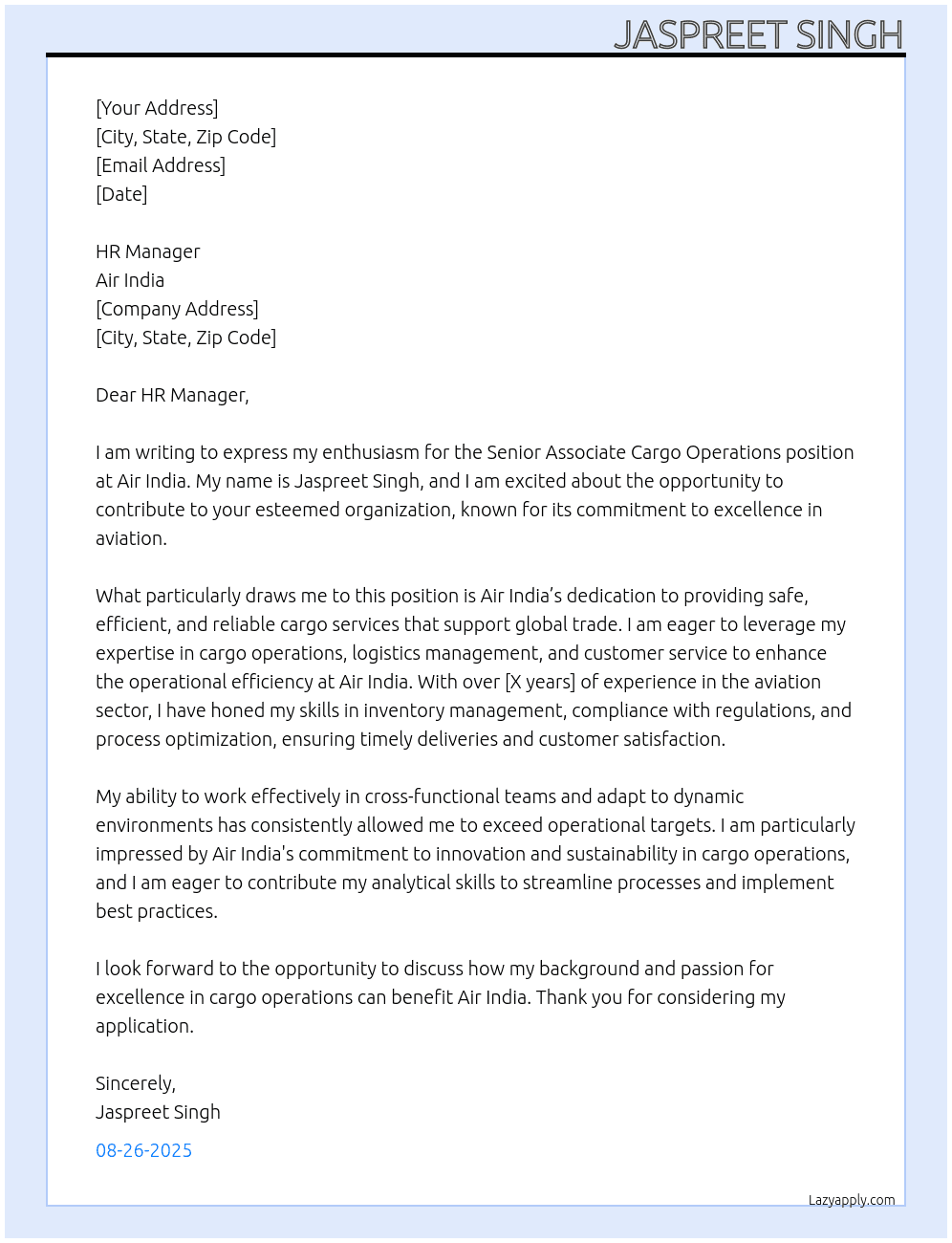 Cover letter for senior associate cargo operations - LazyApply