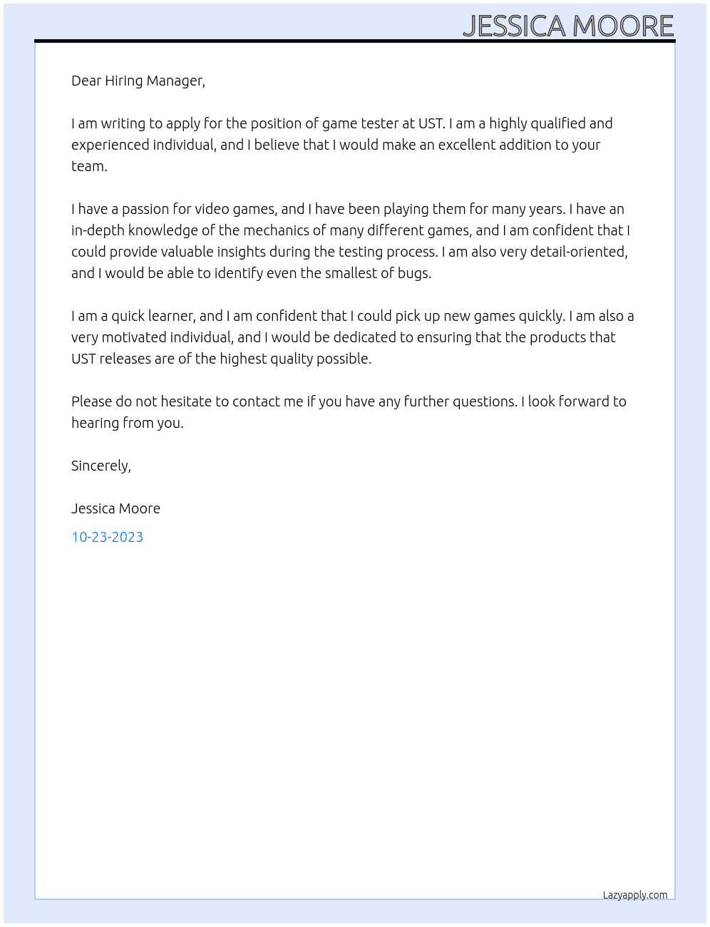 Game Tester At UST Cover Letter