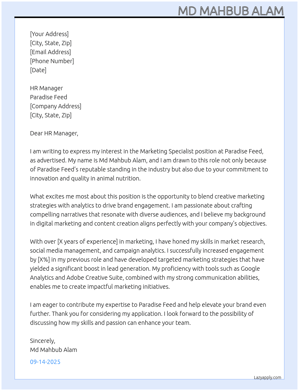 Marketing Specilist At Paradise Feed Cover Letter