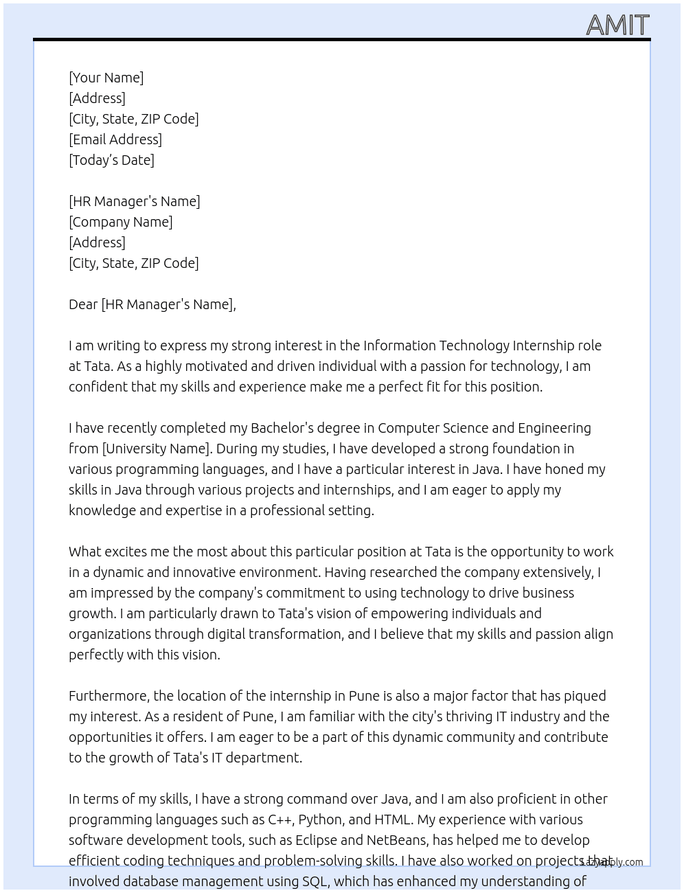 Information technology At Tata Cover Letter