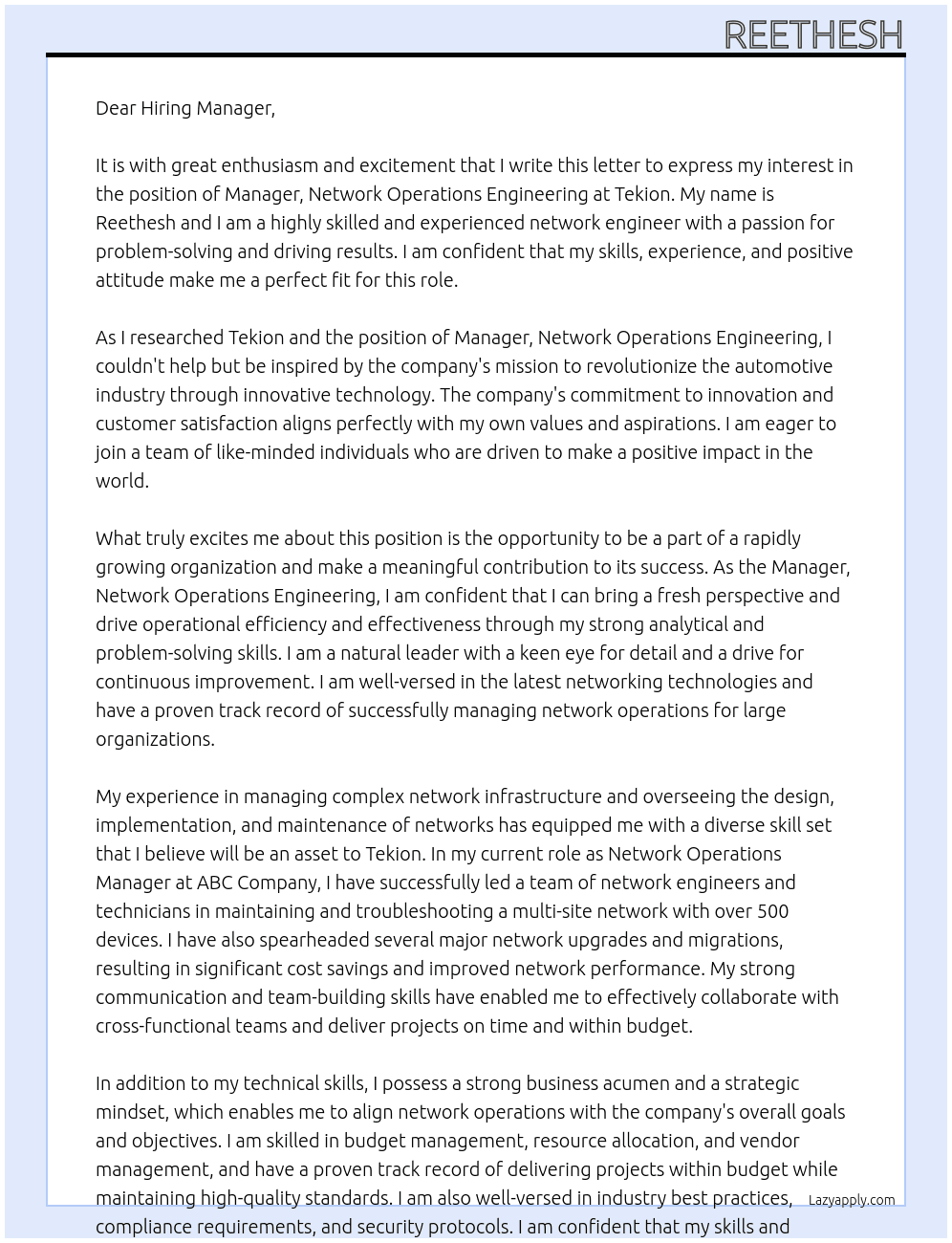 Manager, Network Operations Engineering At Tekion Cover Letter