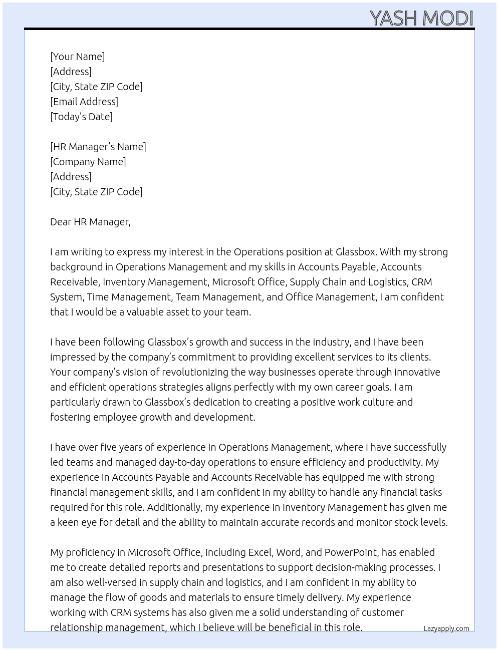 Operations At Glassbox Cover Letter