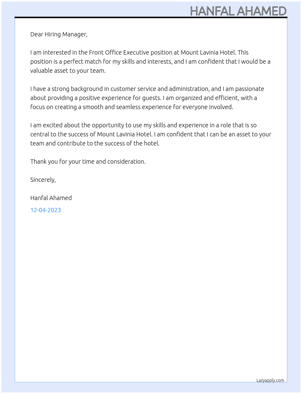 Front Office Executive At Mount Lavinia Hotel Cover Letter