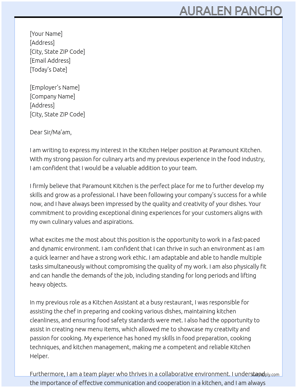 Kitchen Helper At Paramount Kitchen Cover Letter