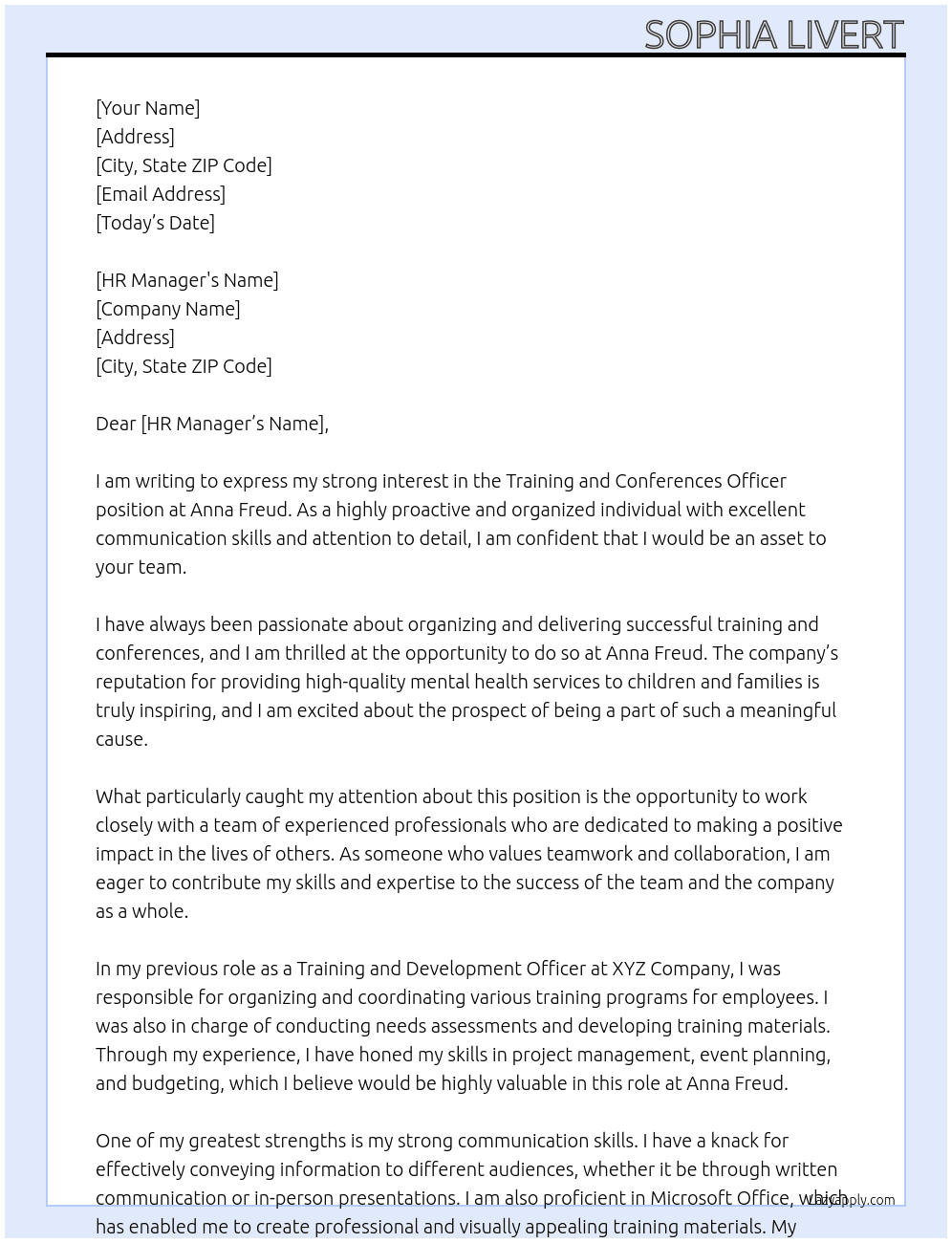 Training and Conferences Officer At Anna Freud Cover Letter