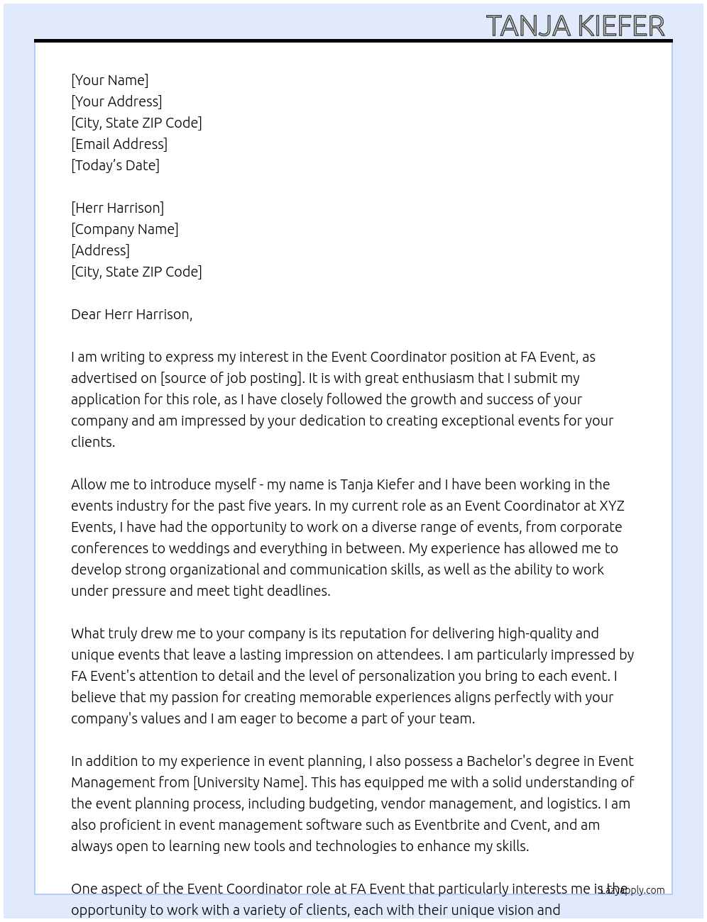 Event Coordinator  At FA Event  Cover Letter
