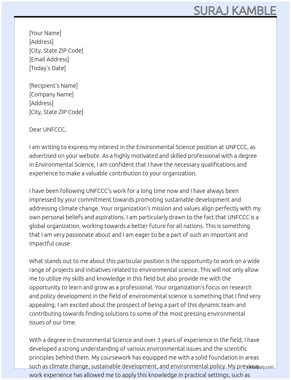 Environmental science  At UNFCCC  Cover Letter