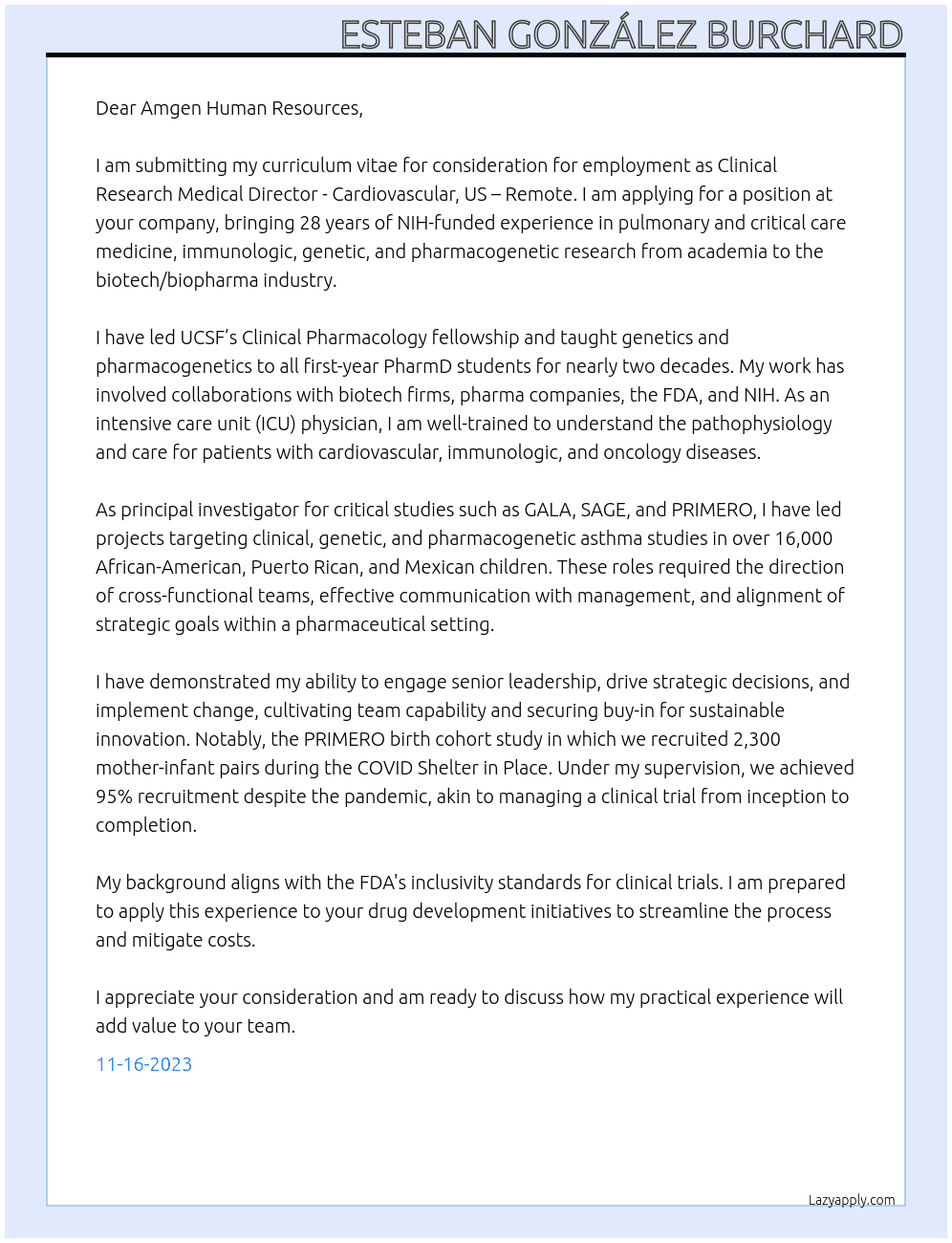 Medical Director  At Amgen Cover Letter