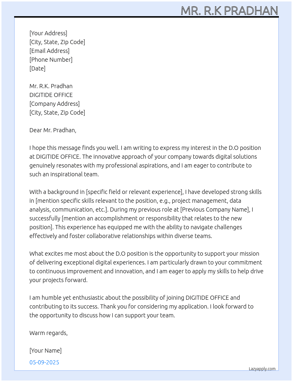 D.O At DIGITIDE OFFICE Cover Letter