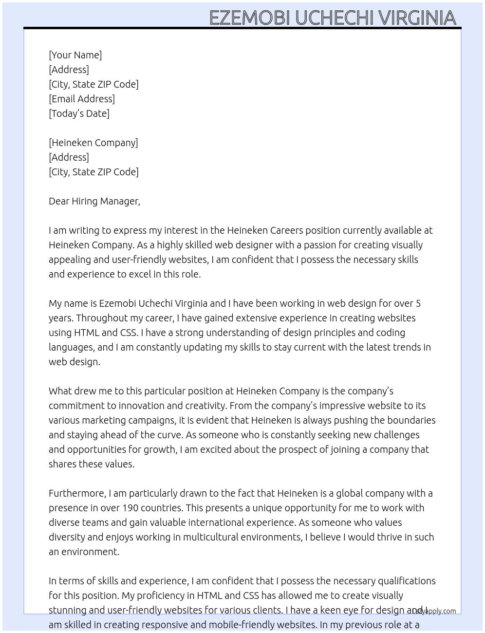 Heineken careers  At Heineken company  Cover Letter