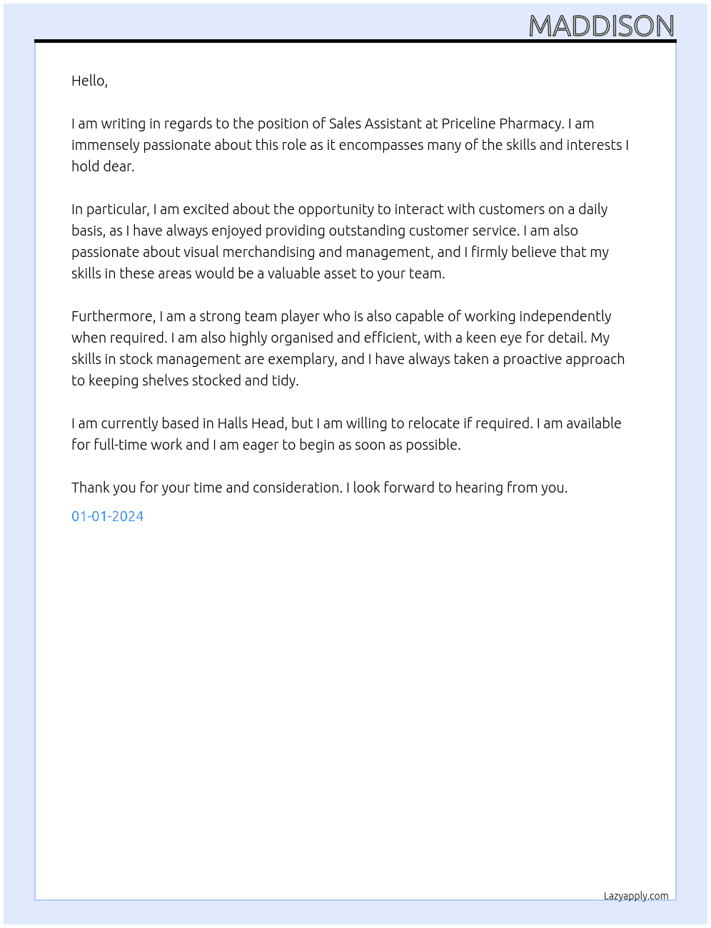Sales assistant  At Priceline Pharmacy  Cover Letter