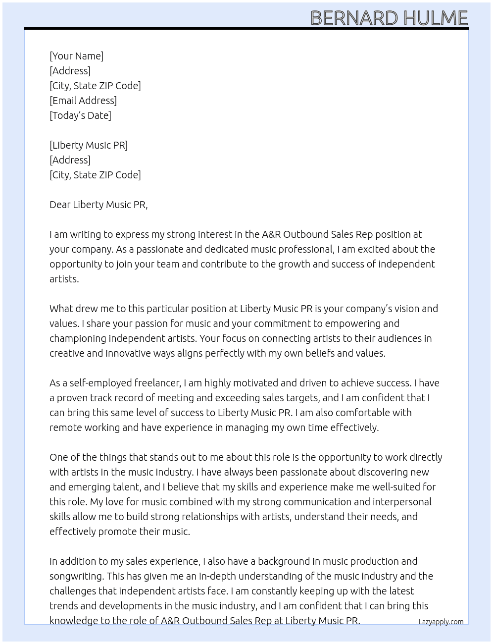 A&R Outbound Sales Rep for Music PR Company At Liberty Music PR Cover Letter