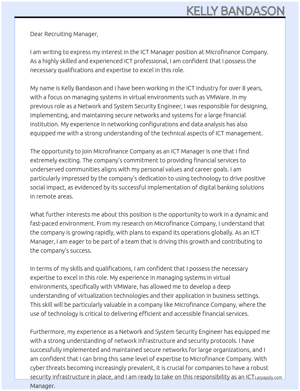 ICT Manager At Microfinance Company Cover Letter