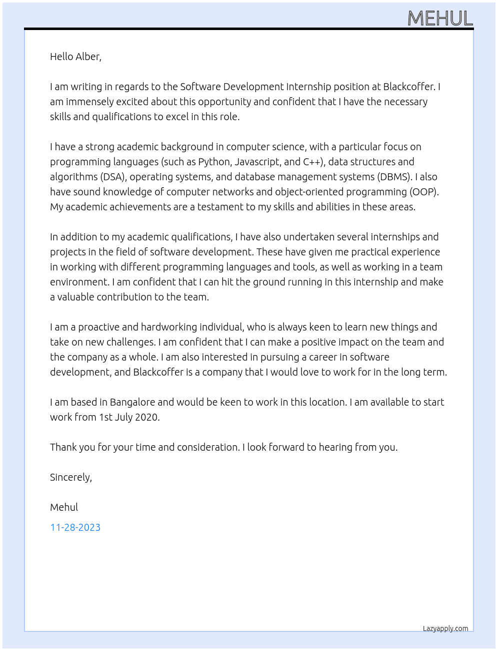 Software Development Internship At Blackcoffer Cover Letter
