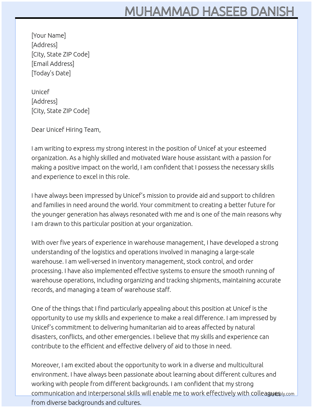 Unicef At Unicef Cover Letter