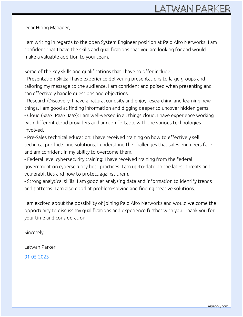 System Engineer  At Palo Alto Networks  Cover Letter