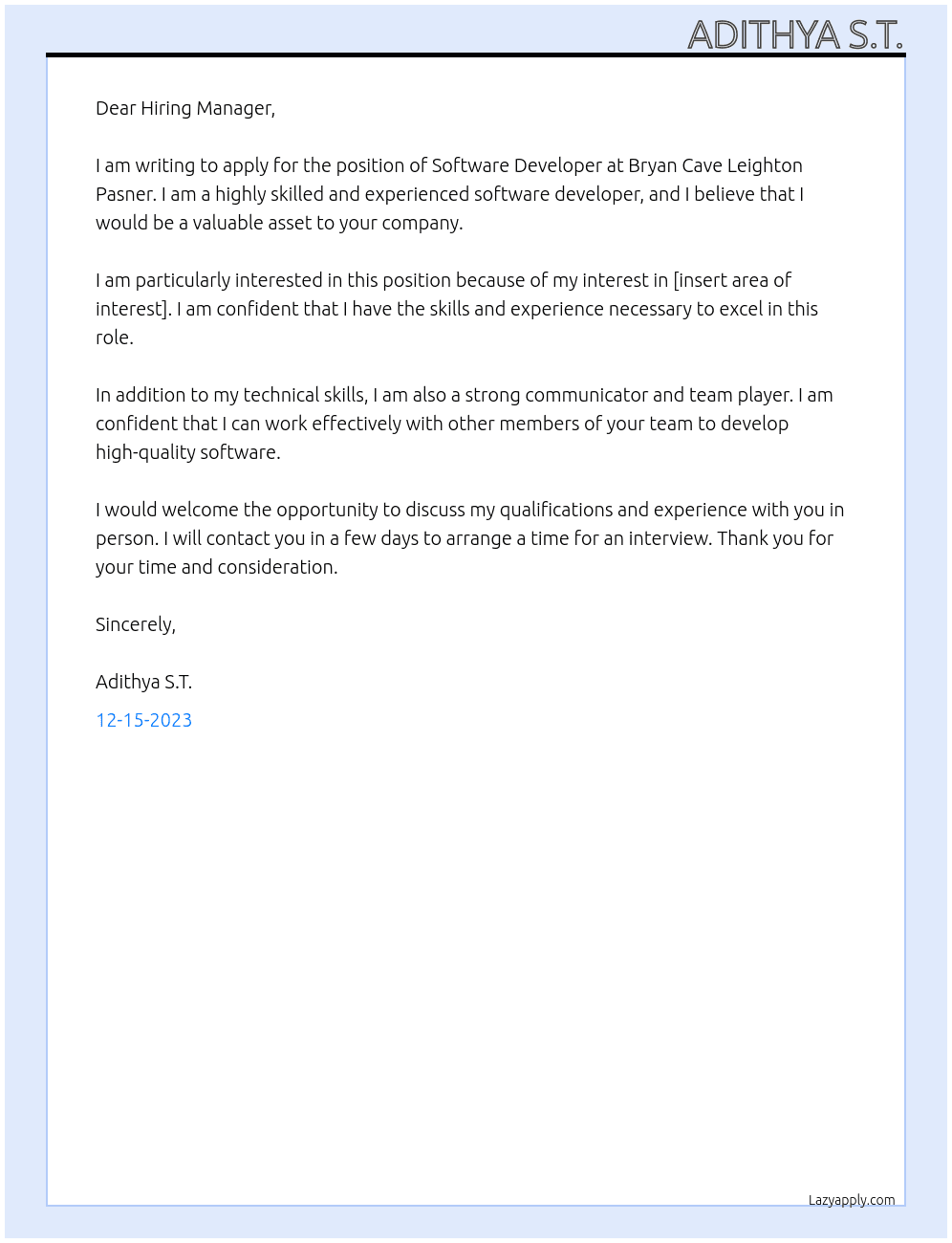 Software Developer At Bryan Cave Leighton Pasner Cover Letter