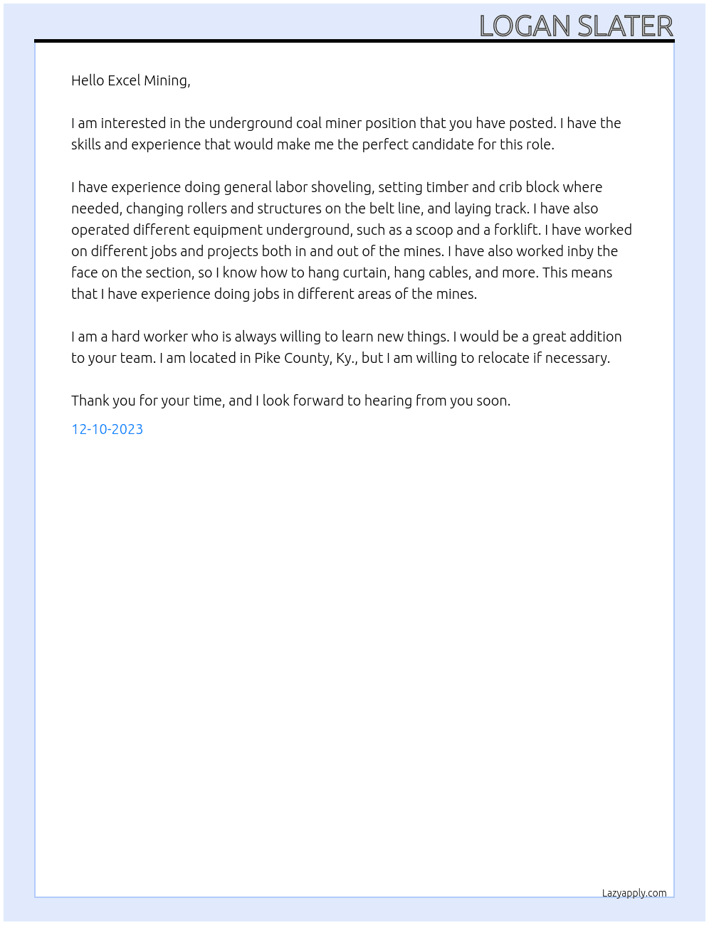 Underground Coal miner At Excel Mining Cover Letter