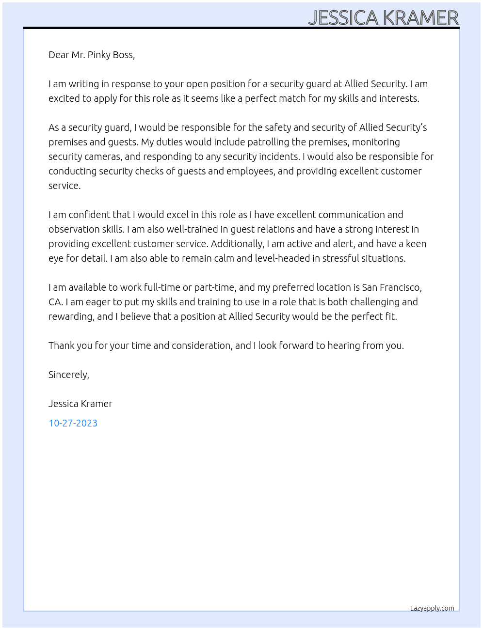 Security Guard At Allied Security Cover Letter