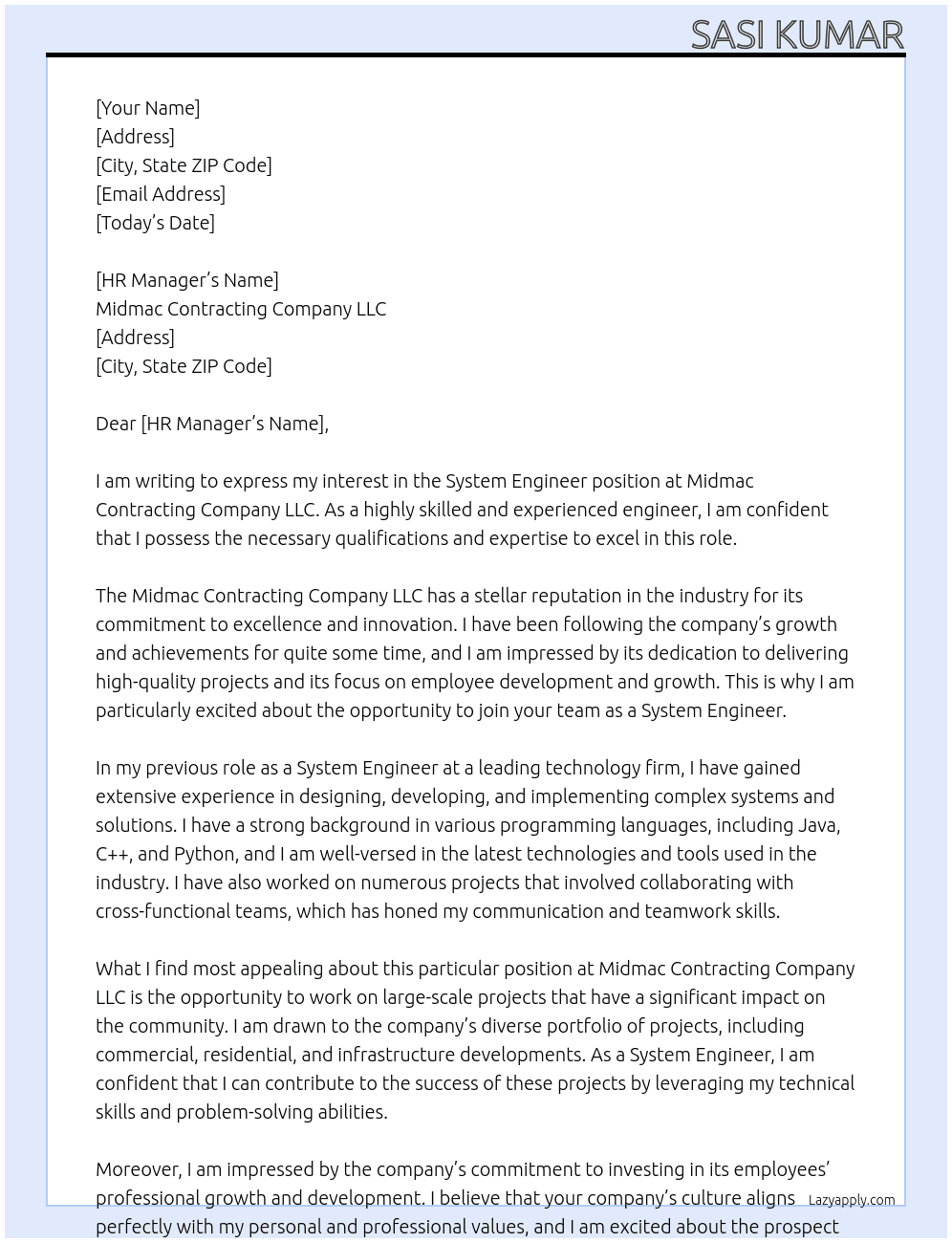 system engineer  At Midmac contracting company LLC  Cover Letter