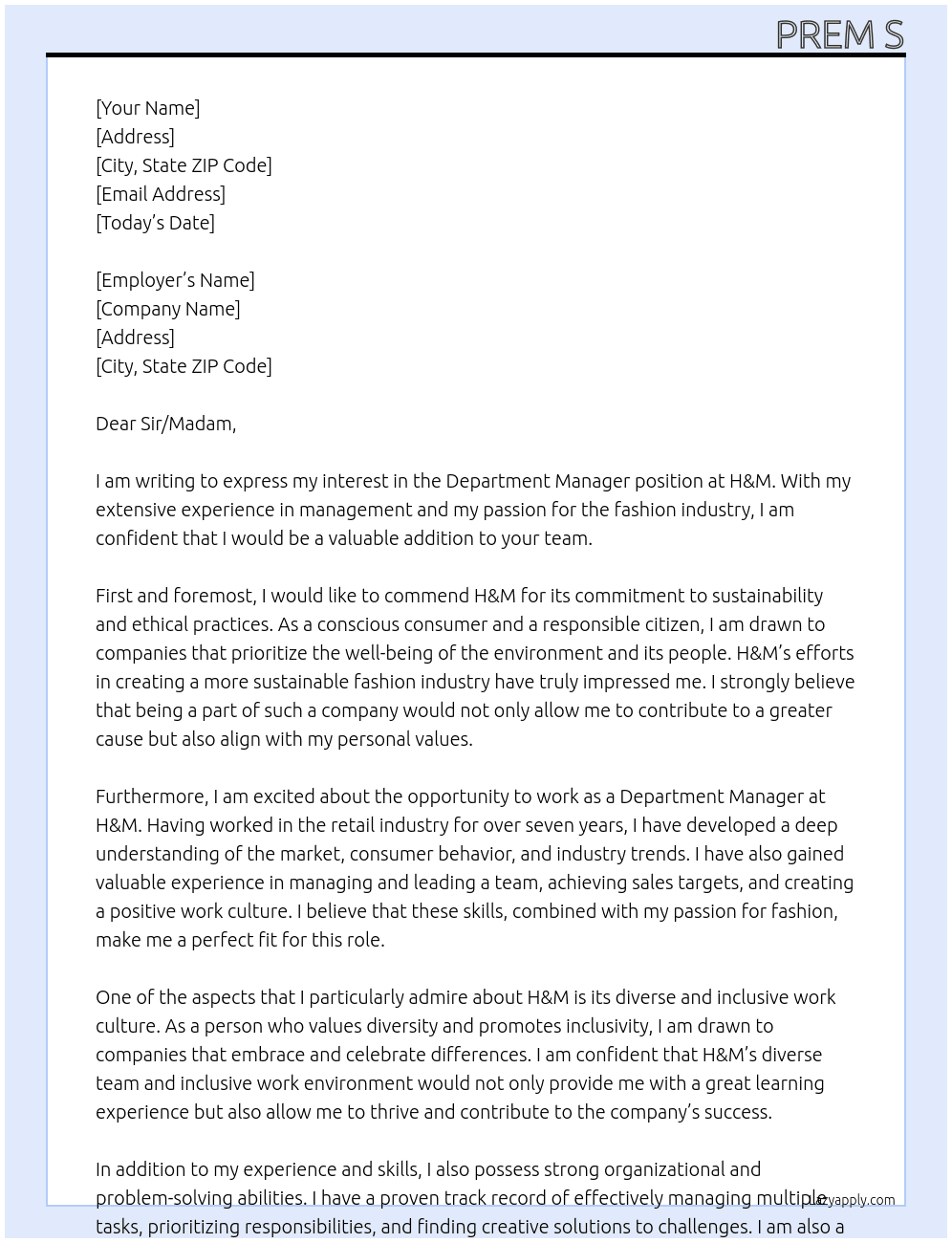 DEPARTMENT MANAGER At H & M Cover Letter