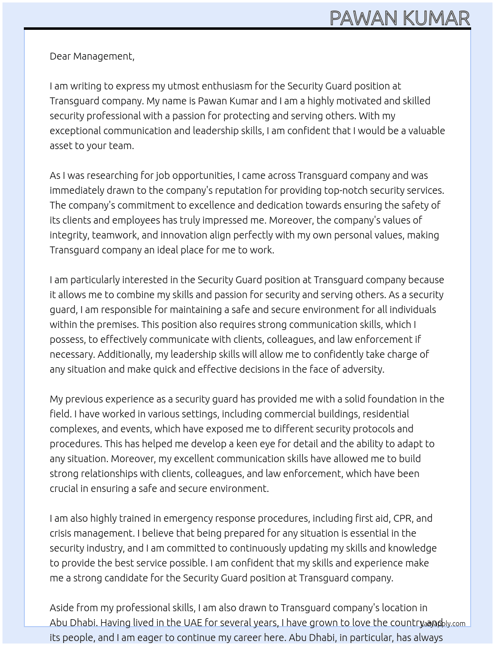 Security guard At Transguard company Cover Letter