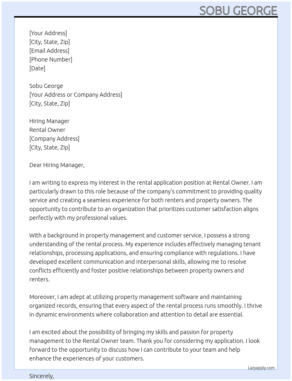 rental application At rental owner Cover Letter
