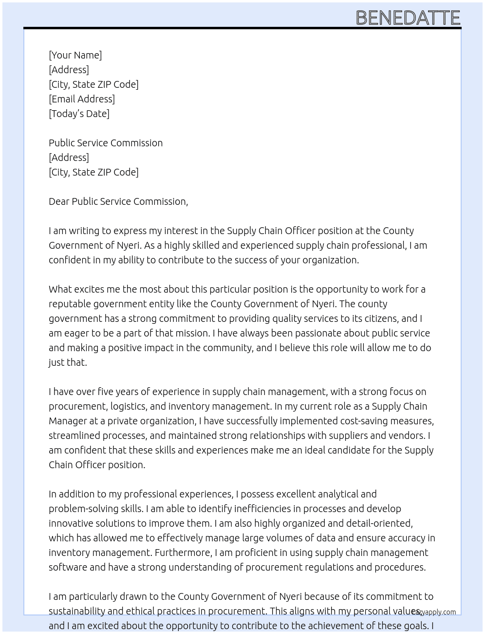 Supply chain officer  At County government of Nyeri  Cover Letter