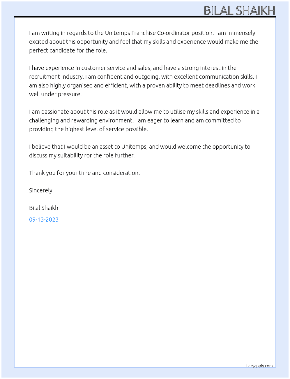Unitemps Franchise Co-ordinator At Unitemps Cover Letter
