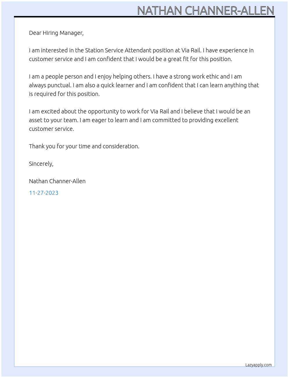 Station Service Attendant At Via Rail Cover Letter