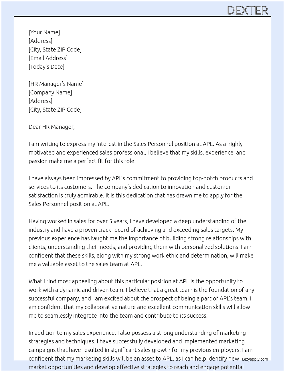 Sales Personnel At APL Cover Letter