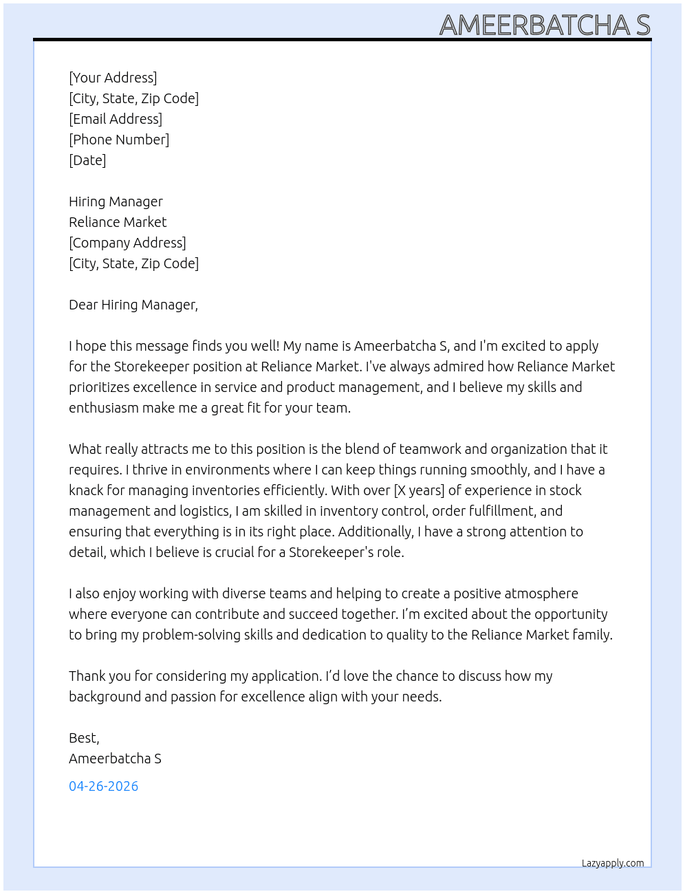 Storekeeper  At Reliance market Cover Letter