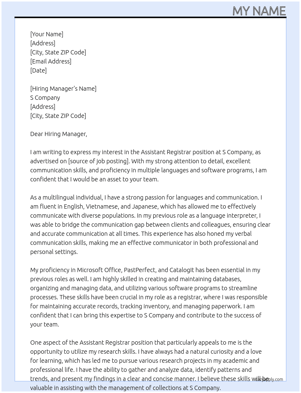 Assistant Registrar At S Compnay Cover Letter