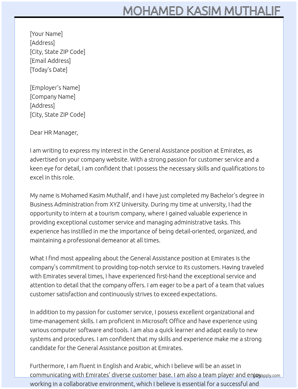 General Assistance  At Emirates  Cover Letter