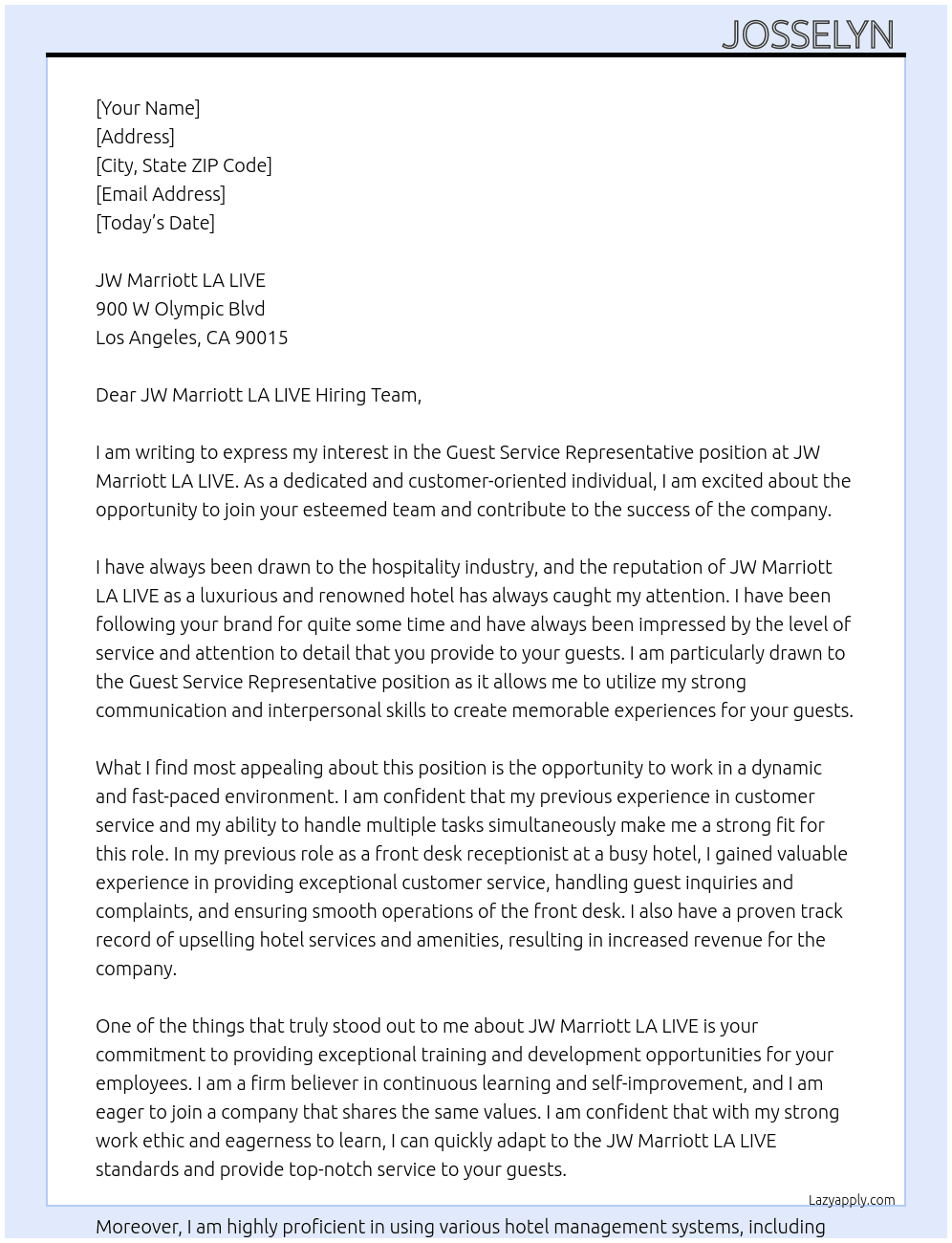 Guest Service Representative At JW Marriott LA LIVE Cover Letter