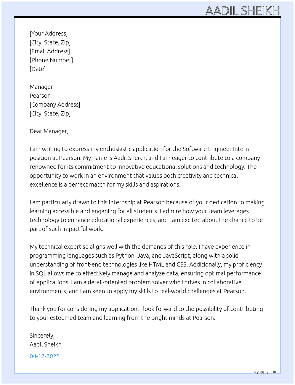 Intern in- software engineer PMC At Pearson Cover Letter