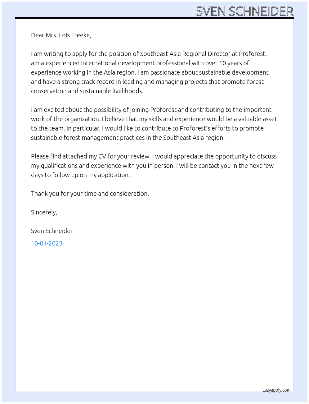 Southeast Asia Regional Director At Proforest Cover Letter