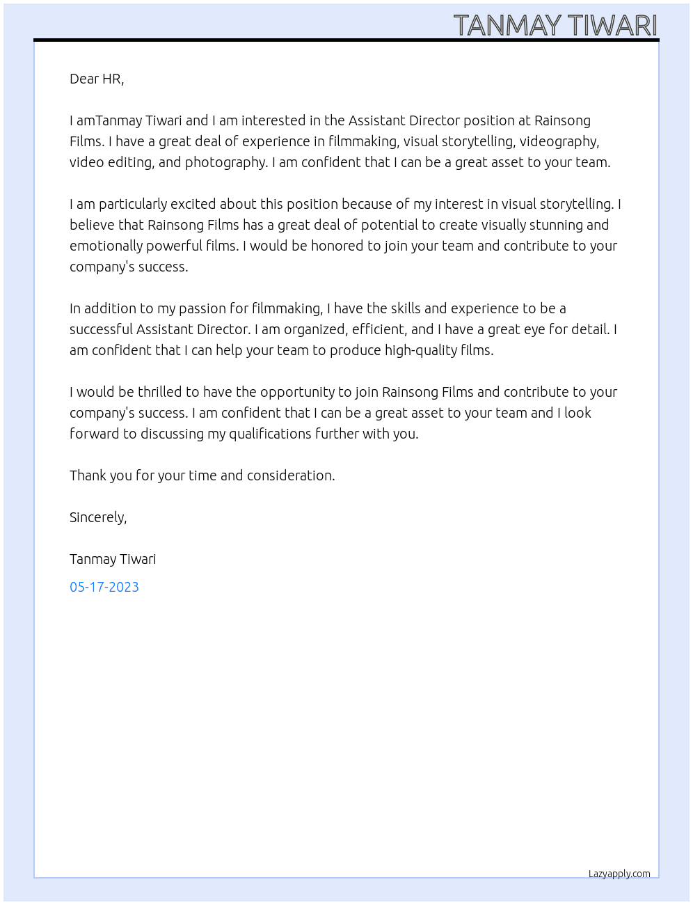 Assistant Director At Rainsong Films Cover Letter