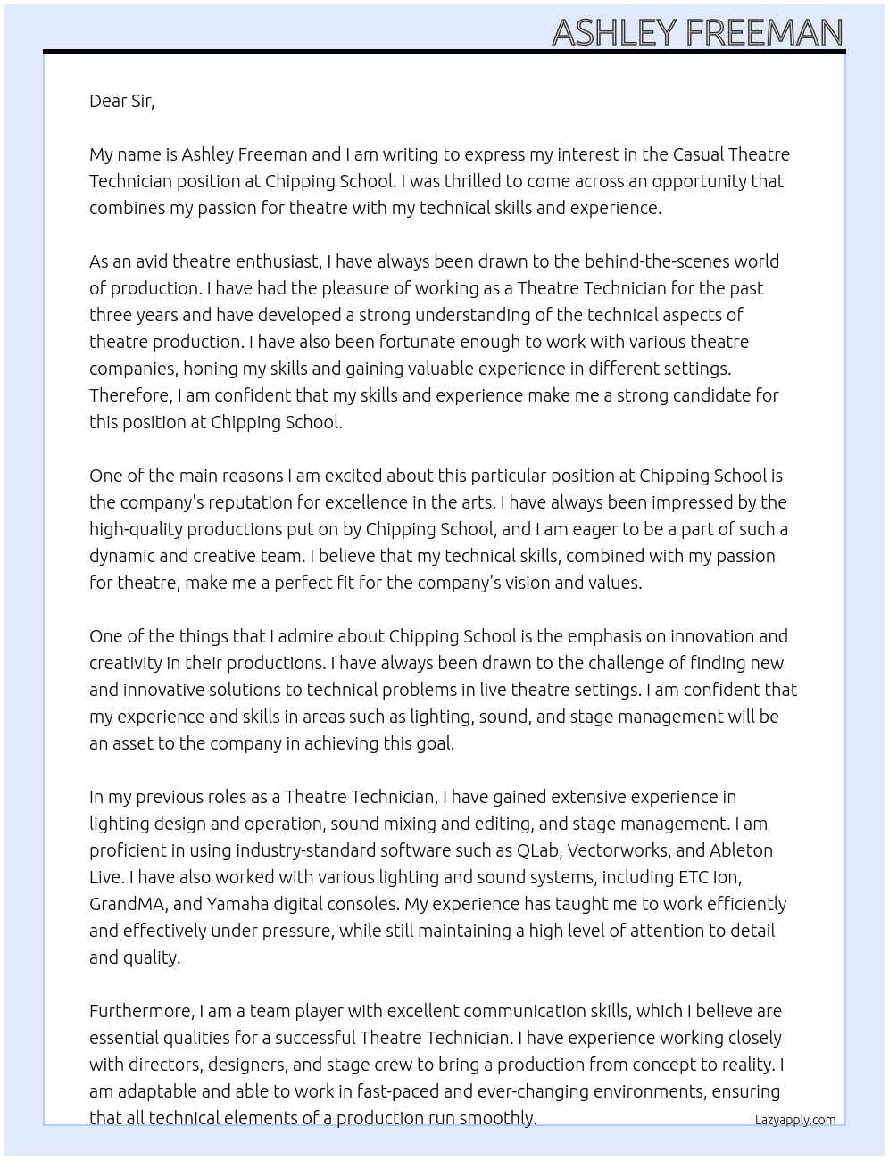 Casual Theatre Techniciam At Chipping School Cover Letter