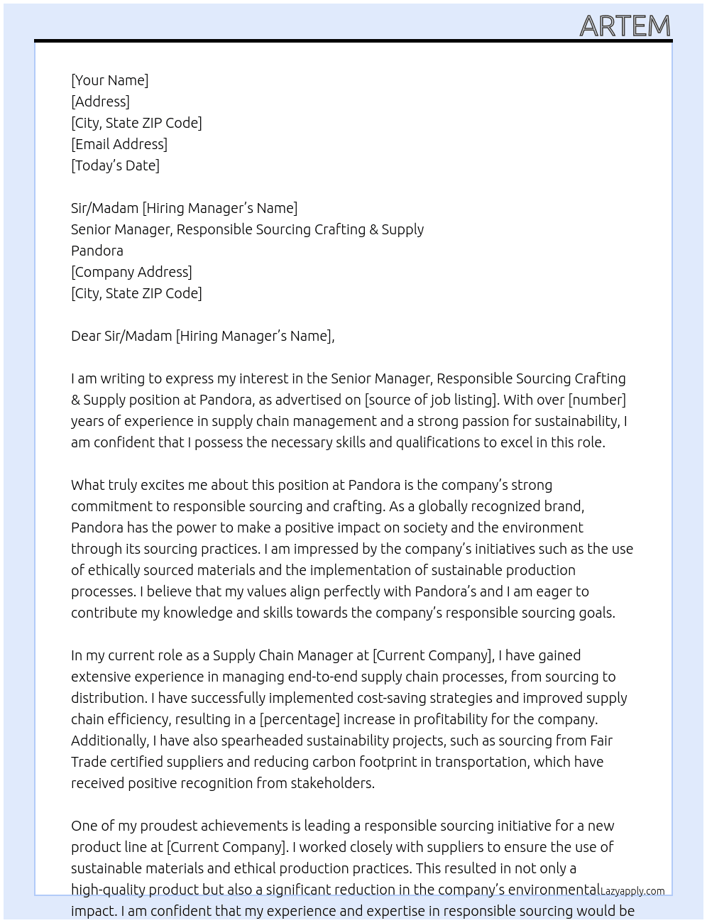 Senior Manager, Responsible Sourcing Crafting & Supply At Pandora Cover Letter