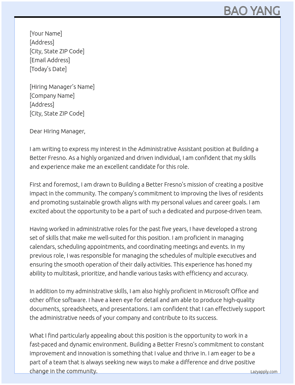 Administrative Assistant  At Building a Better Fresno Cover Letter
