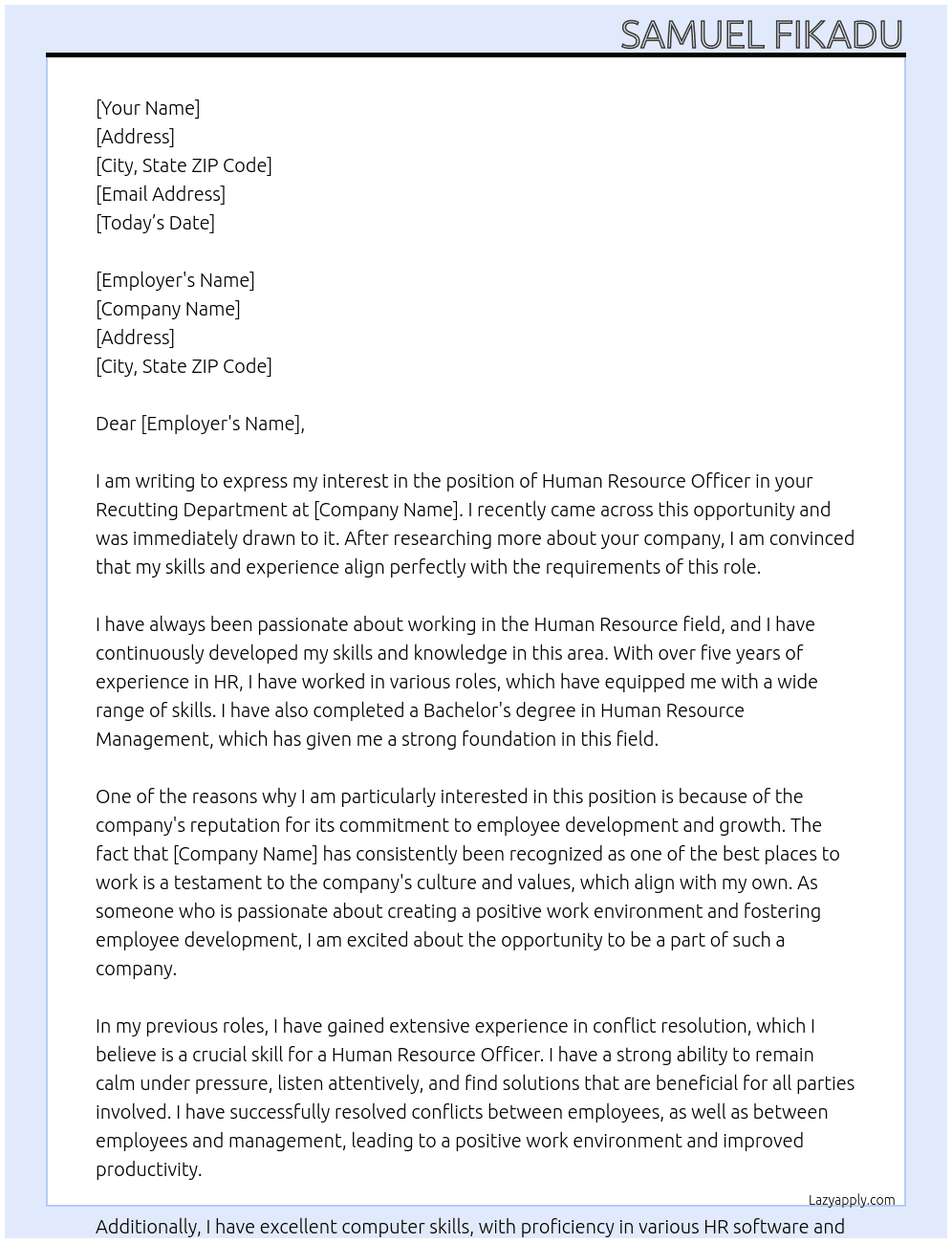 Human Resource officer At TO Cover Letter