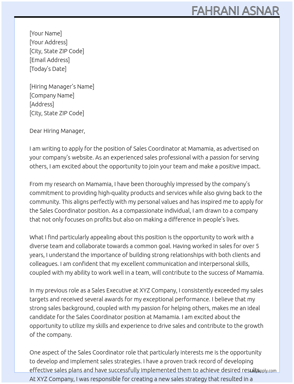 Sales Coordinator  At Mamamia Cover Letter