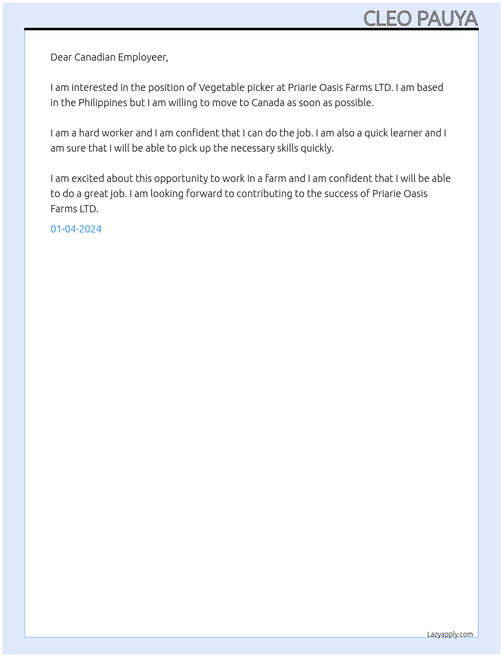 Vegetable picker At Priarie Oasis Farms LTD Cover Letter