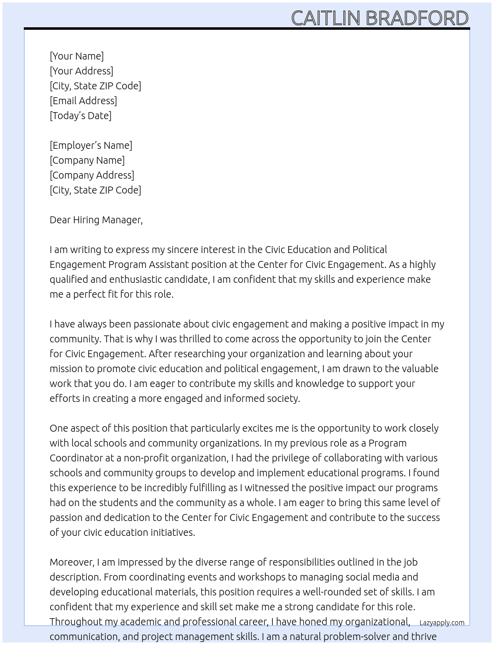 Civic Education and Political Engagement Program Assistant At Center for Civic Engagement Cover Letter