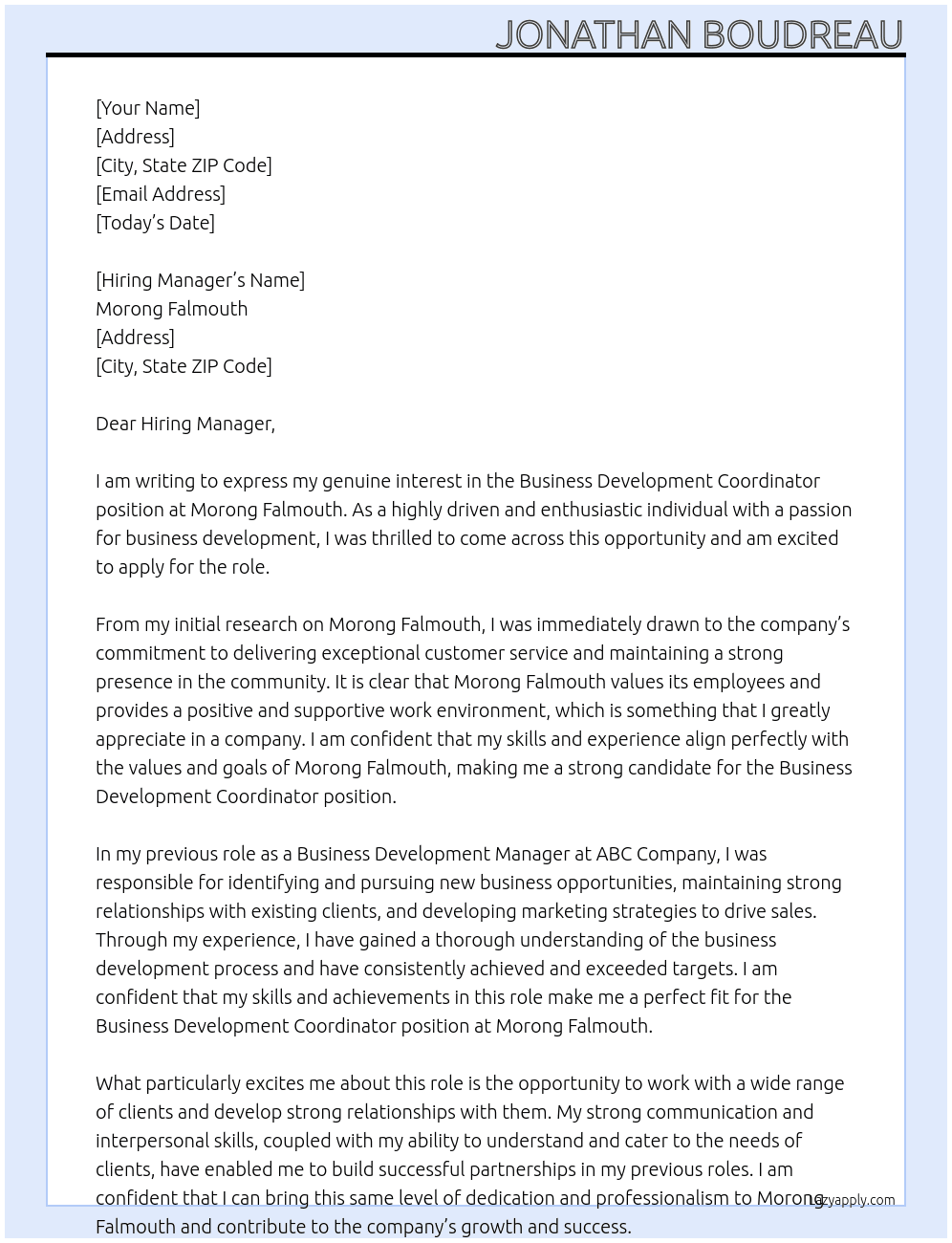 Business development coordinator At Morong Falmouth Cover Letter