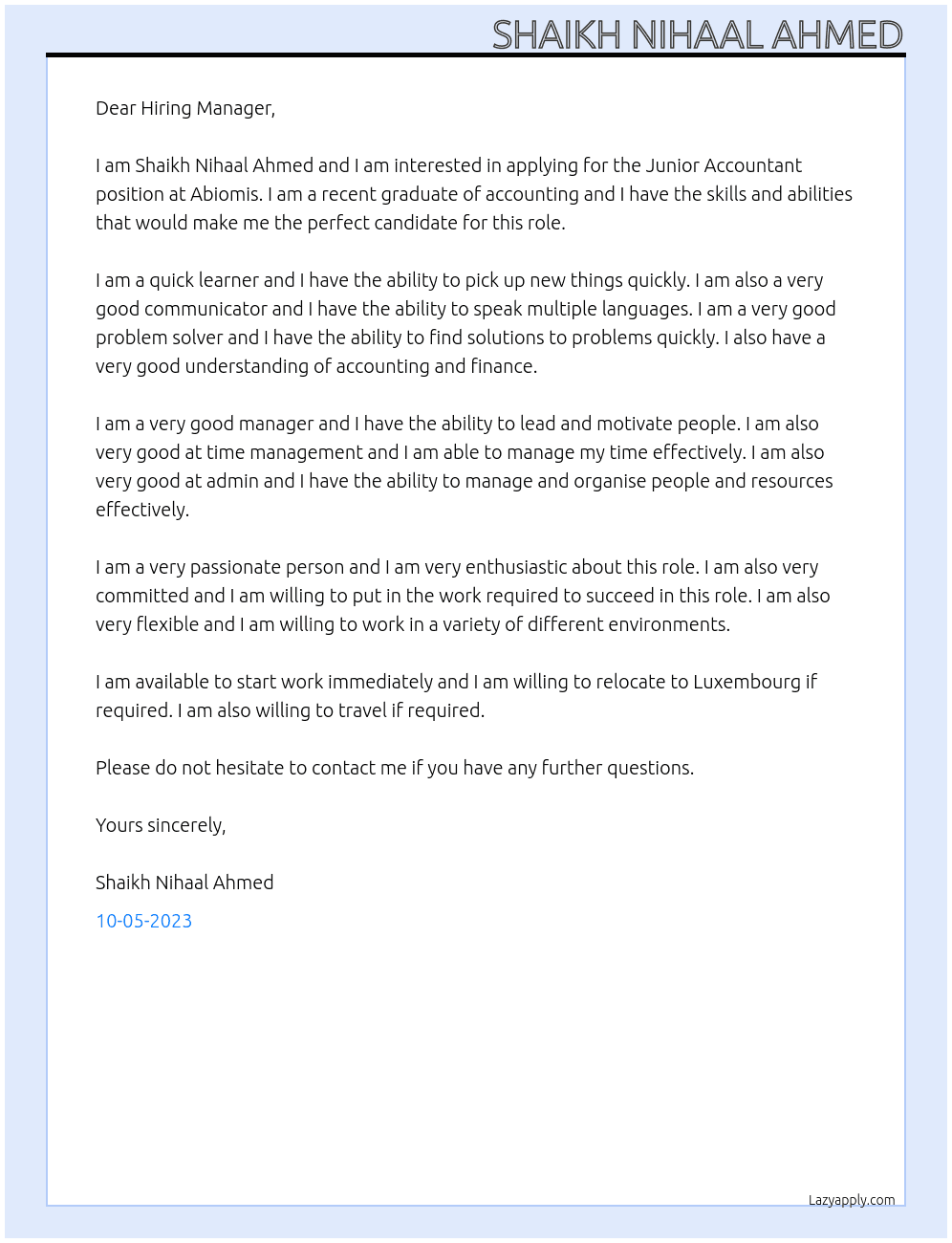  Junior Accountant At Abiomis Cover Letter