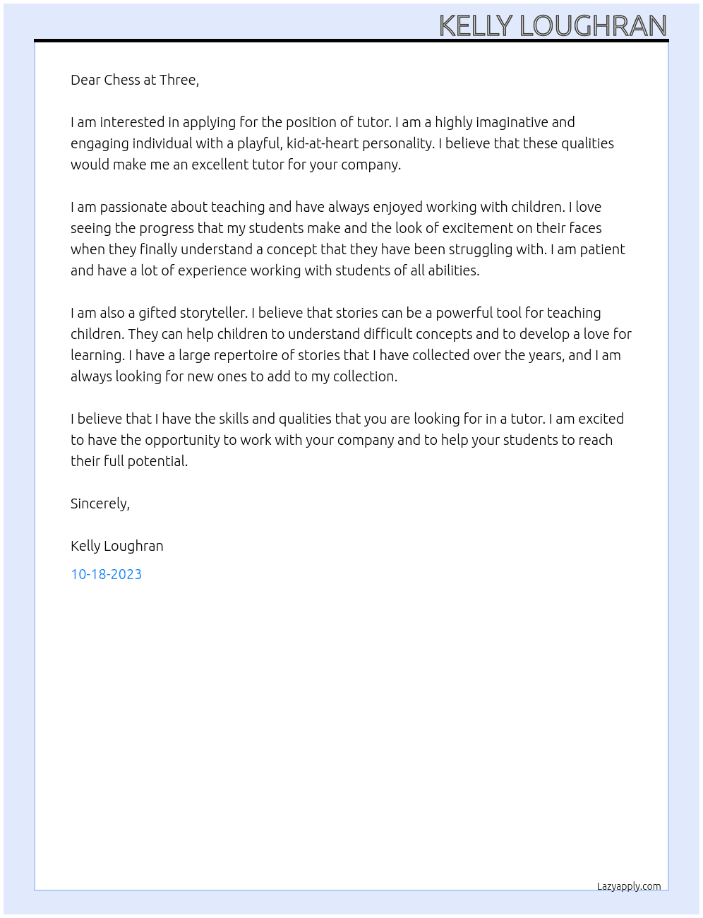 tutor At chess at three Cover Letter